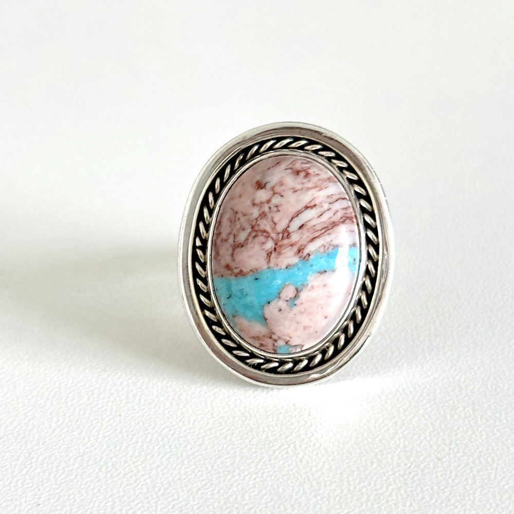 Vintage 925 Sterling Silver Running Bear Large Pink Blue Turquoise Ring Size 7 - Picture 2 of 14